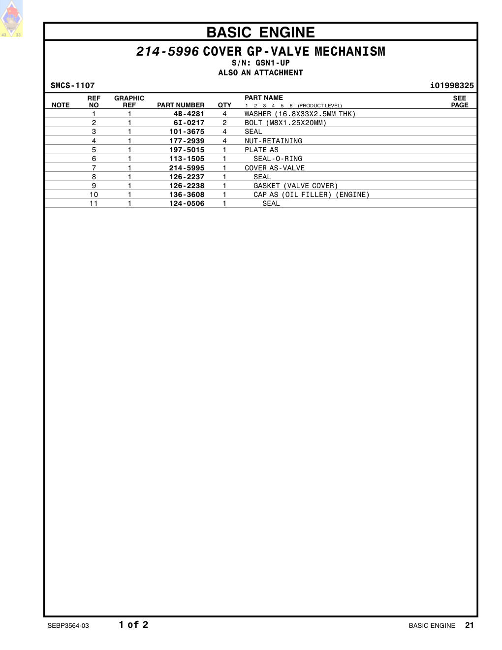 101-3675 SEAL · S/N GSN1-UP CAT parts manual diagram