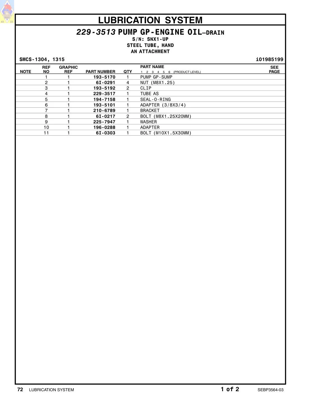 193-5192 CLIP · S/N SNX1-UP CAT parts manual diagram