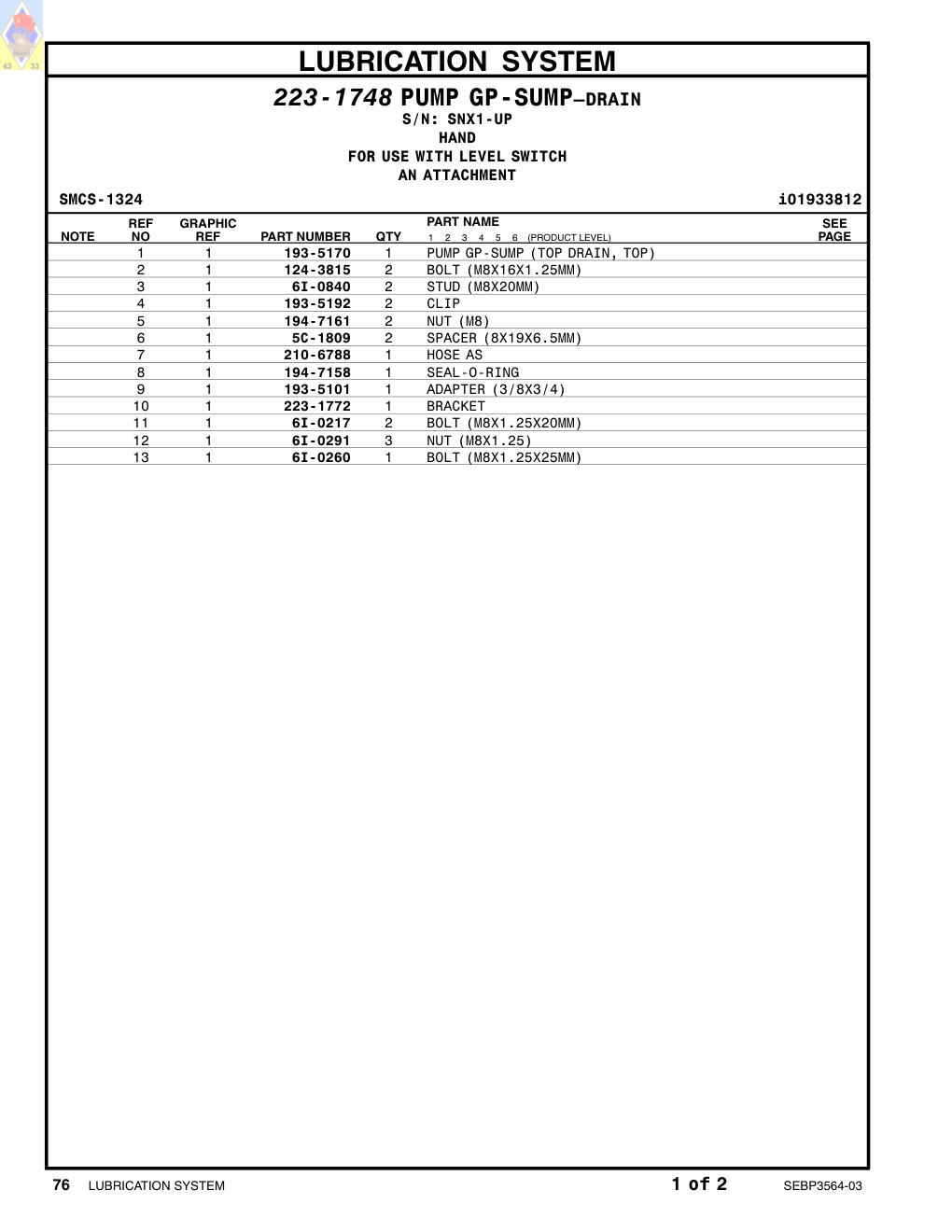 223-1772 BRACKET · S/N SNX1-UP CAT parts manual diagram