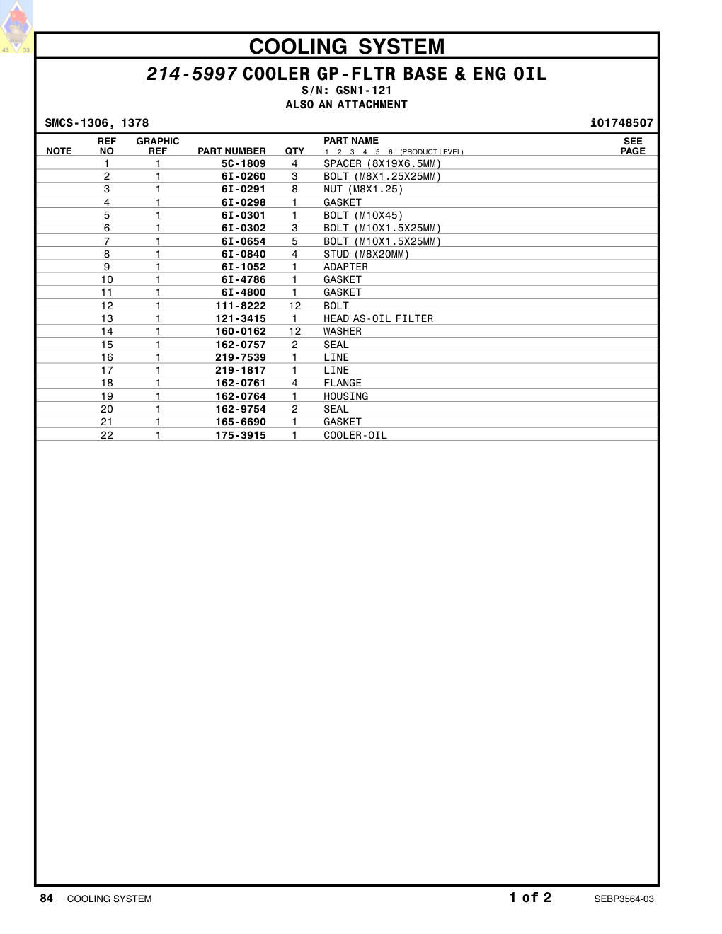 111-8222 BOLT · S/N GSN1-121 CAT parts manual diagram