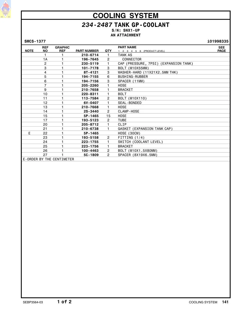 223-1755 SWITCH (COOLANT LEVEL) · S/N SNX1-UP CAT parts manual diagram