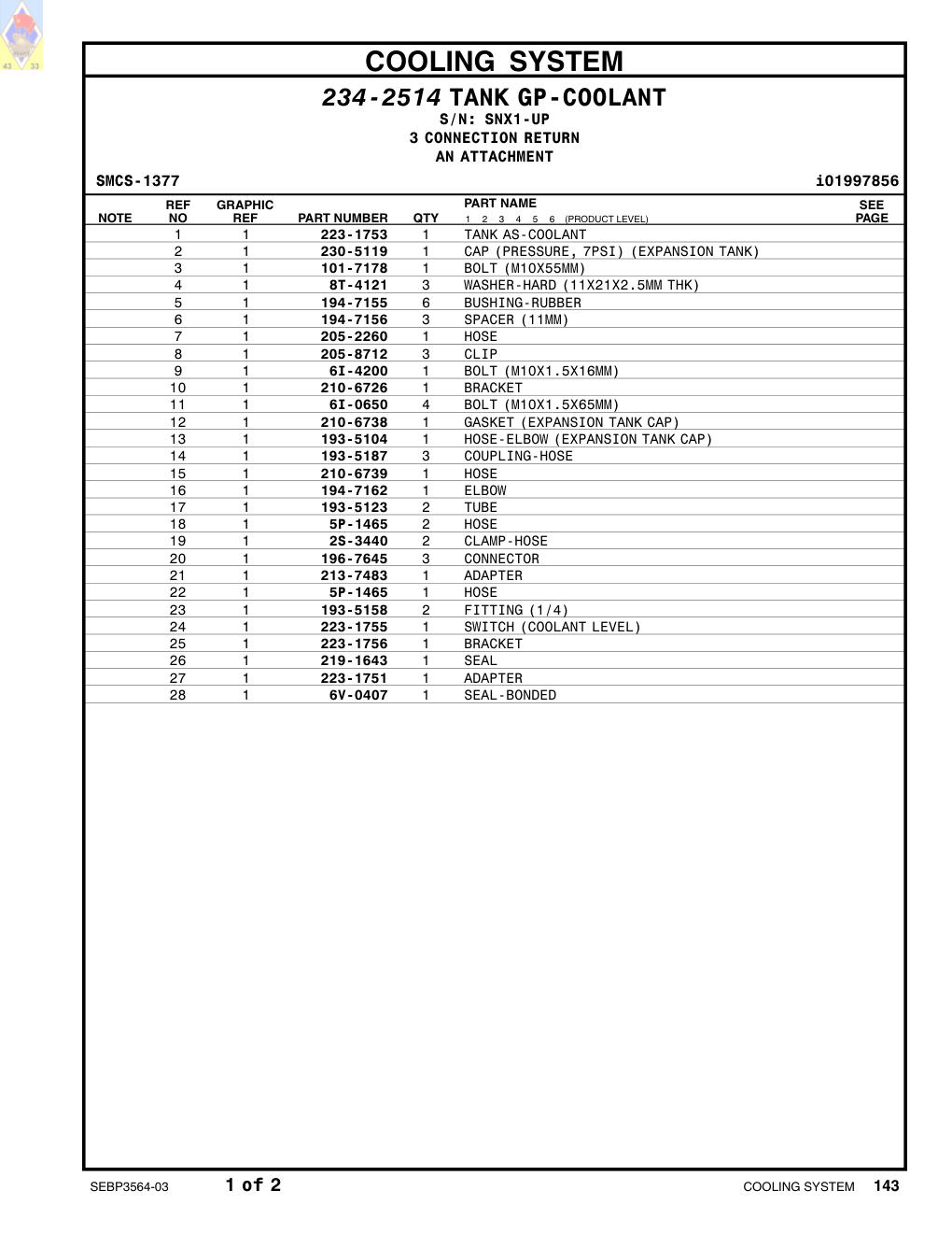 219-1643 SEAL · S/N SNX1-UP CAT parts manual diagram