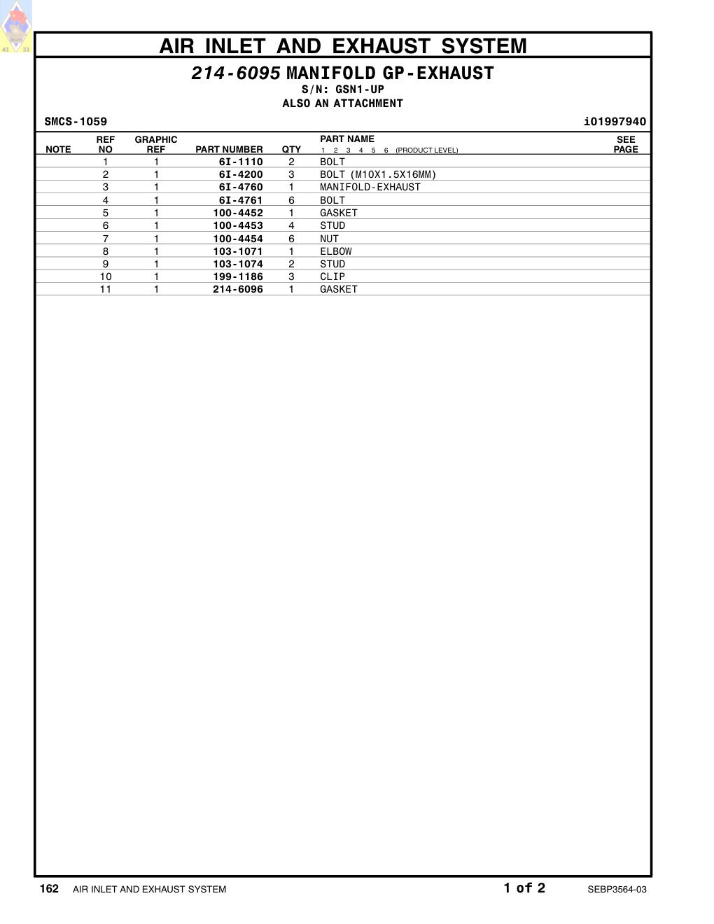 100-4452 GASKET · S/N GSN1-UP CAT parts manual diagram
