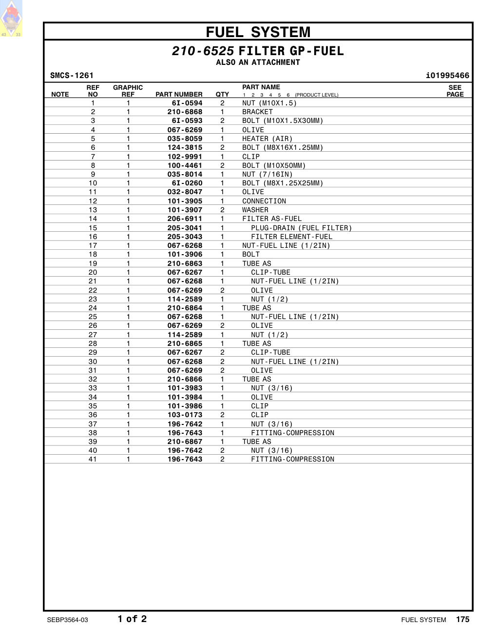 101-3983 NUT (3/16) CAT parts manual diagram