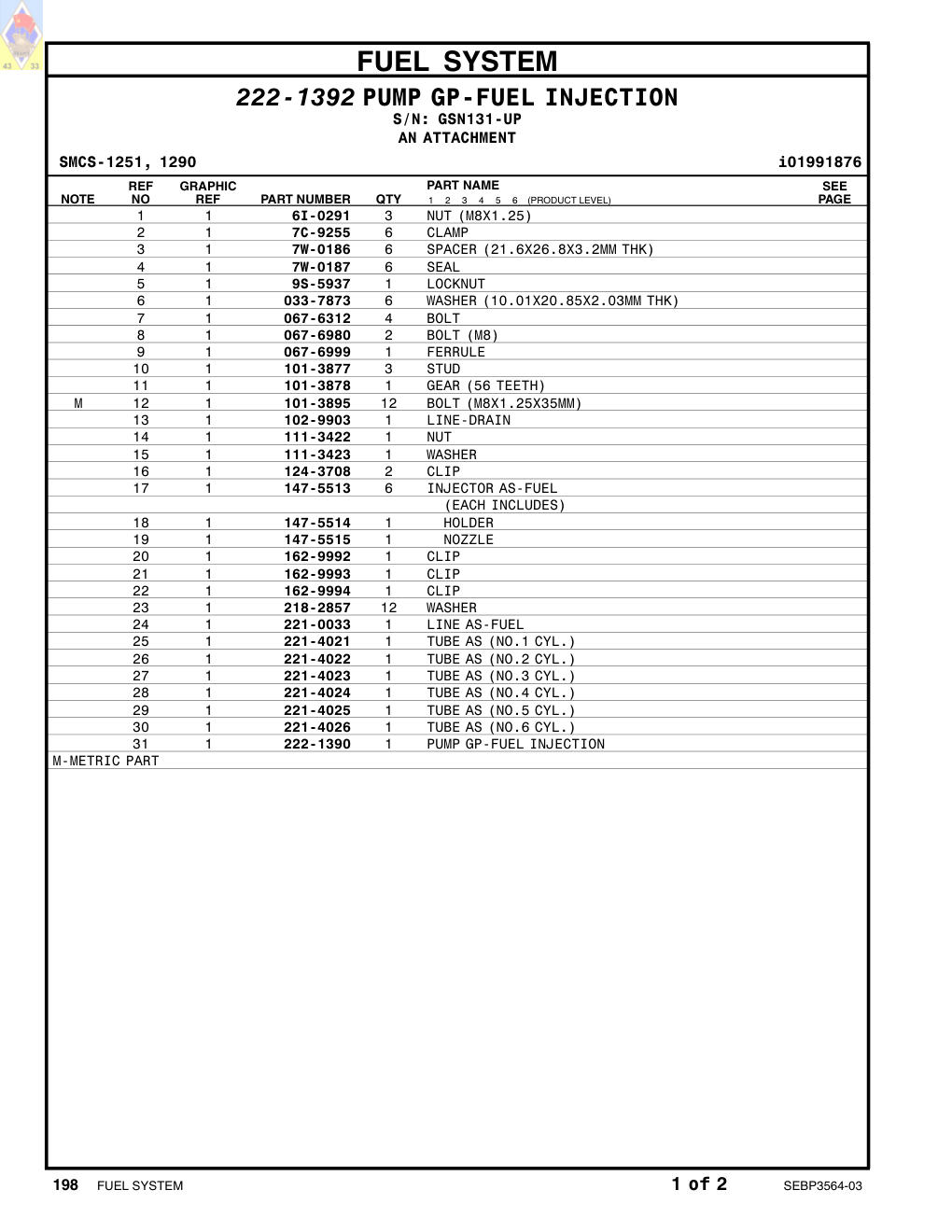221-4022 TUBE AS (NO.2 CYL.) · S/N GSN131-UP CAT parts manual diagram
