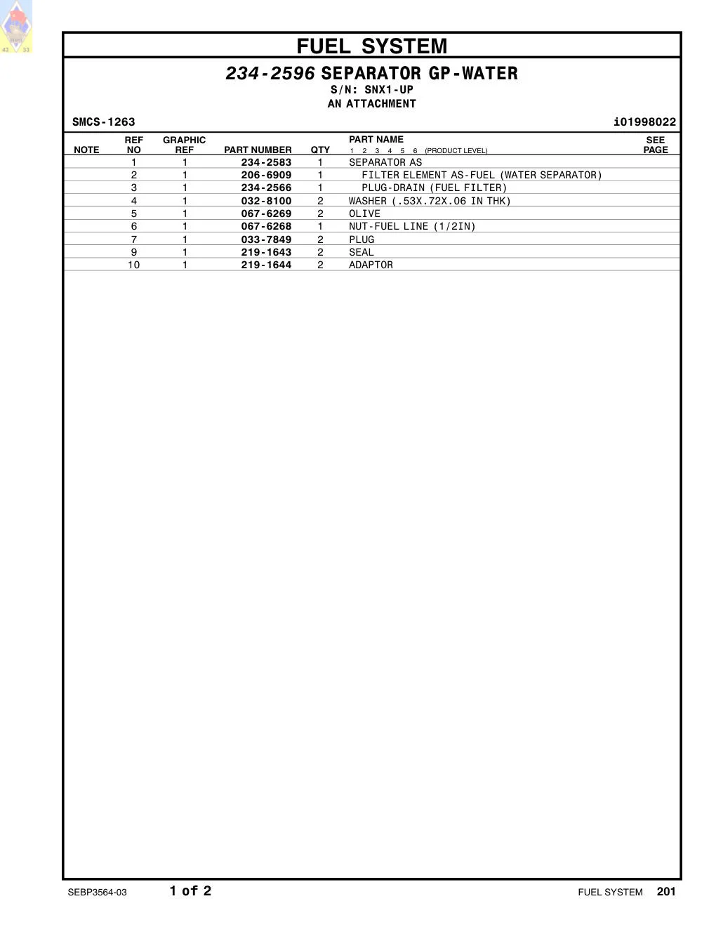 234-2583 SEPARATOR AS · S/N SNX1-UP CAT parts manual diagram