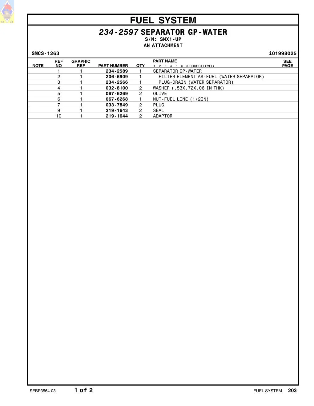 234-2589 SEPARATOR GP-WATER · S/N SNX1-UP CAT parts manual diagram