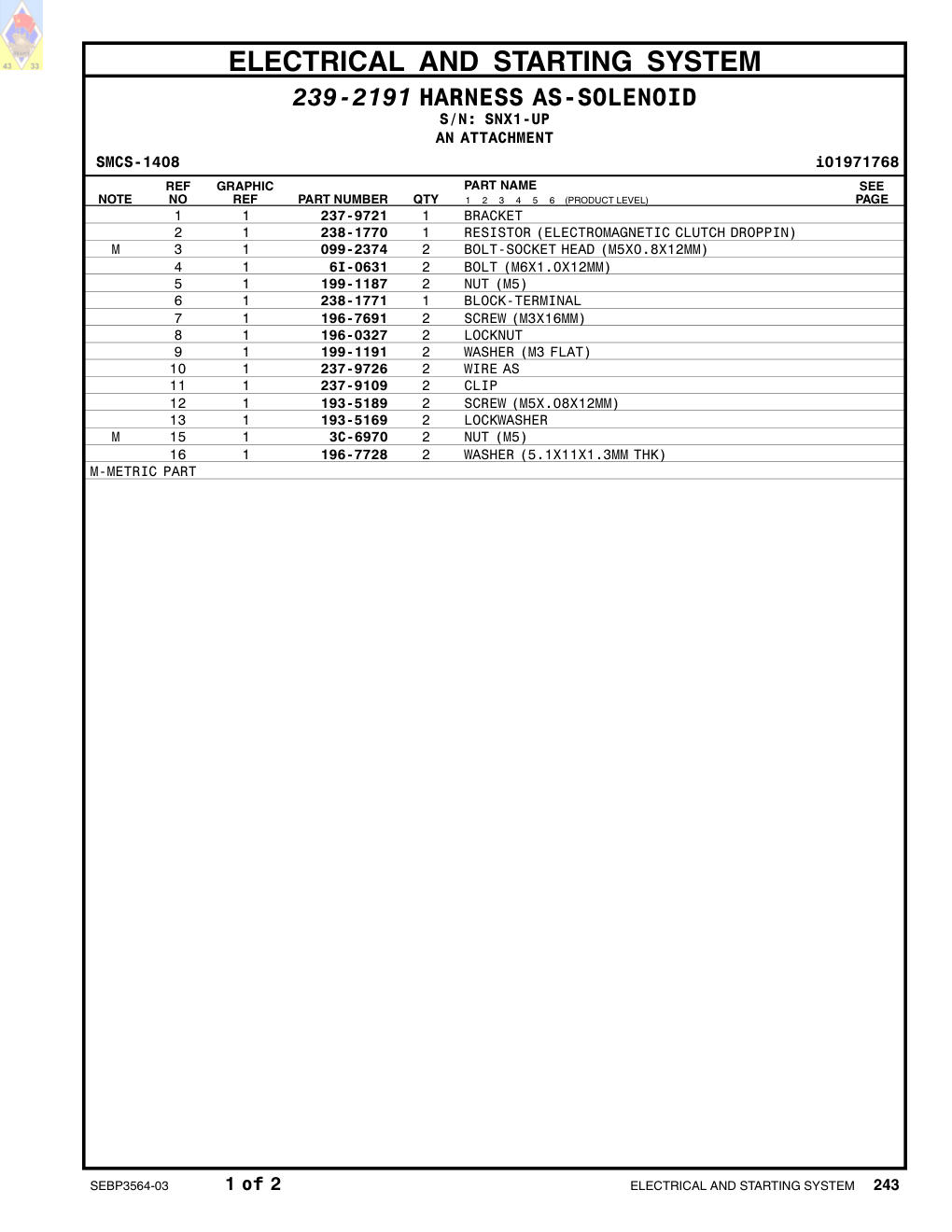196-7691 SCREW (M3X16-MM) · S/N SNX1-UP CAT parts manual diagram