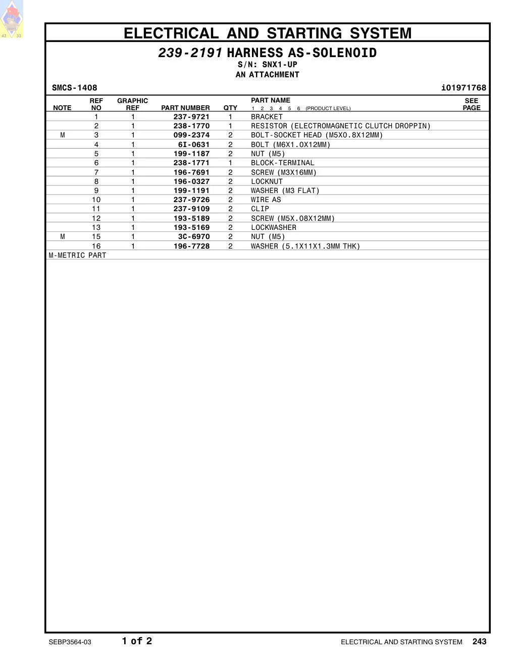 237-9109 CLIP · S/N SNX1-UP CAT parts manual diagram