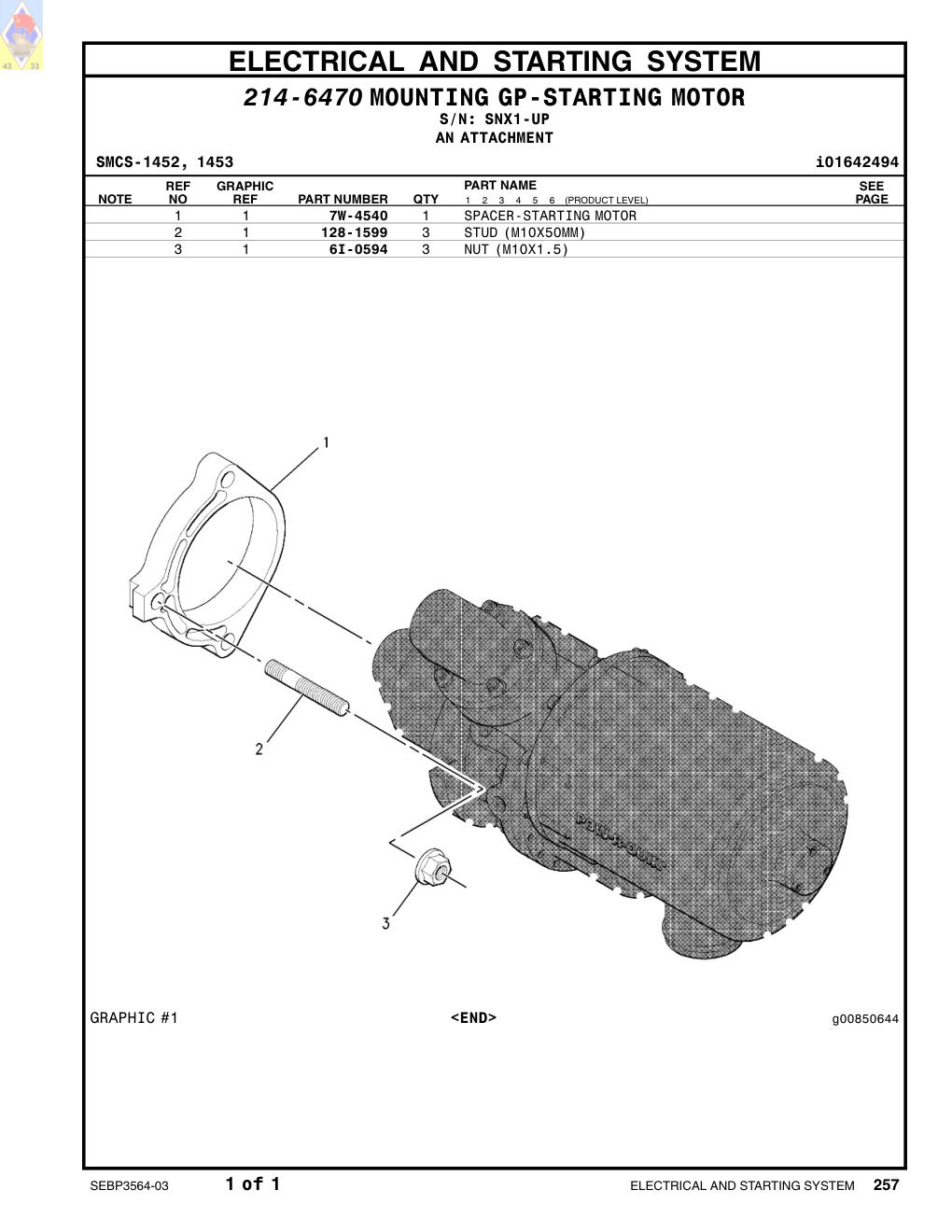 128-1599 STUD (M10X50MM) · S/N SNX1-UP CAT parts manual diagram