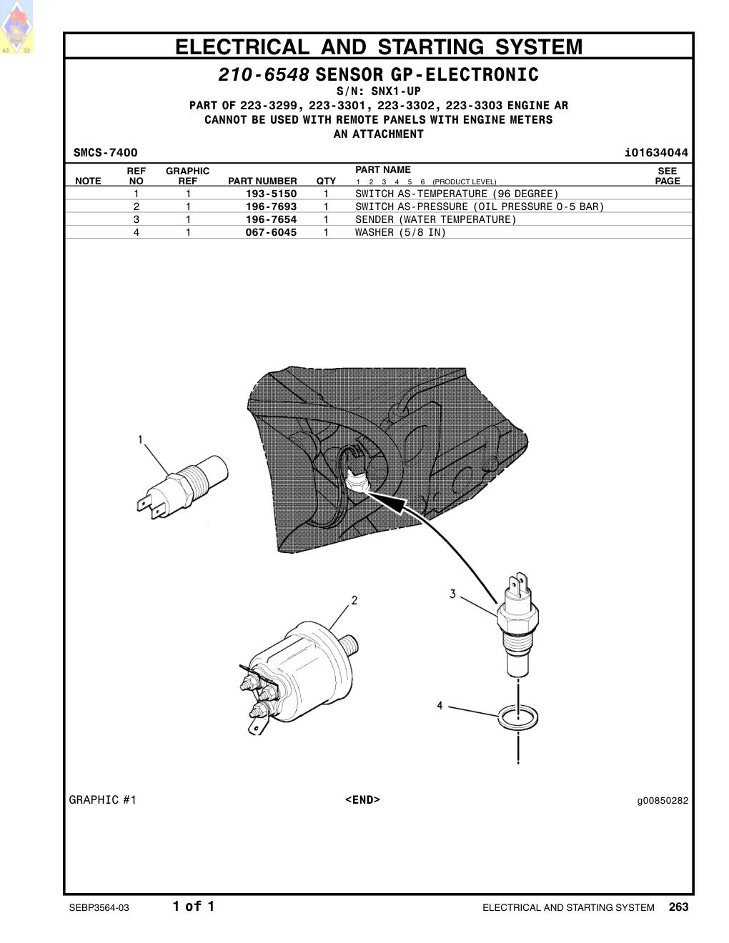 196-7654 SENDER (WATER TEMPERATURE) · S/N SNX1-UP CAT parts manual diagram