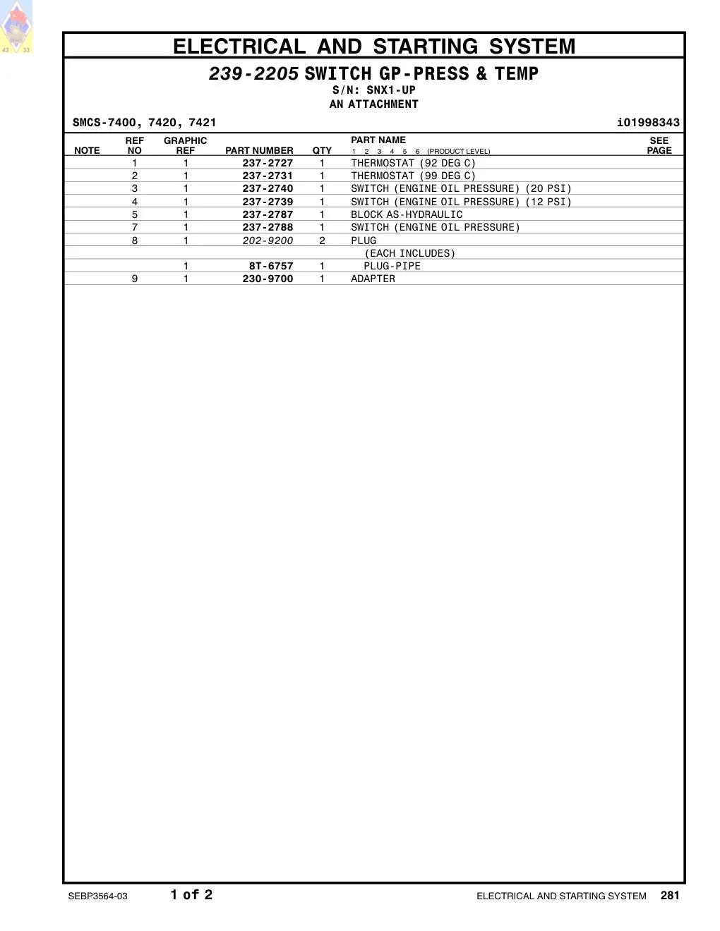 237-2731 THERMOSTAT (99 DEG C) · S/N SNX1-UP CAT parts manual diagram