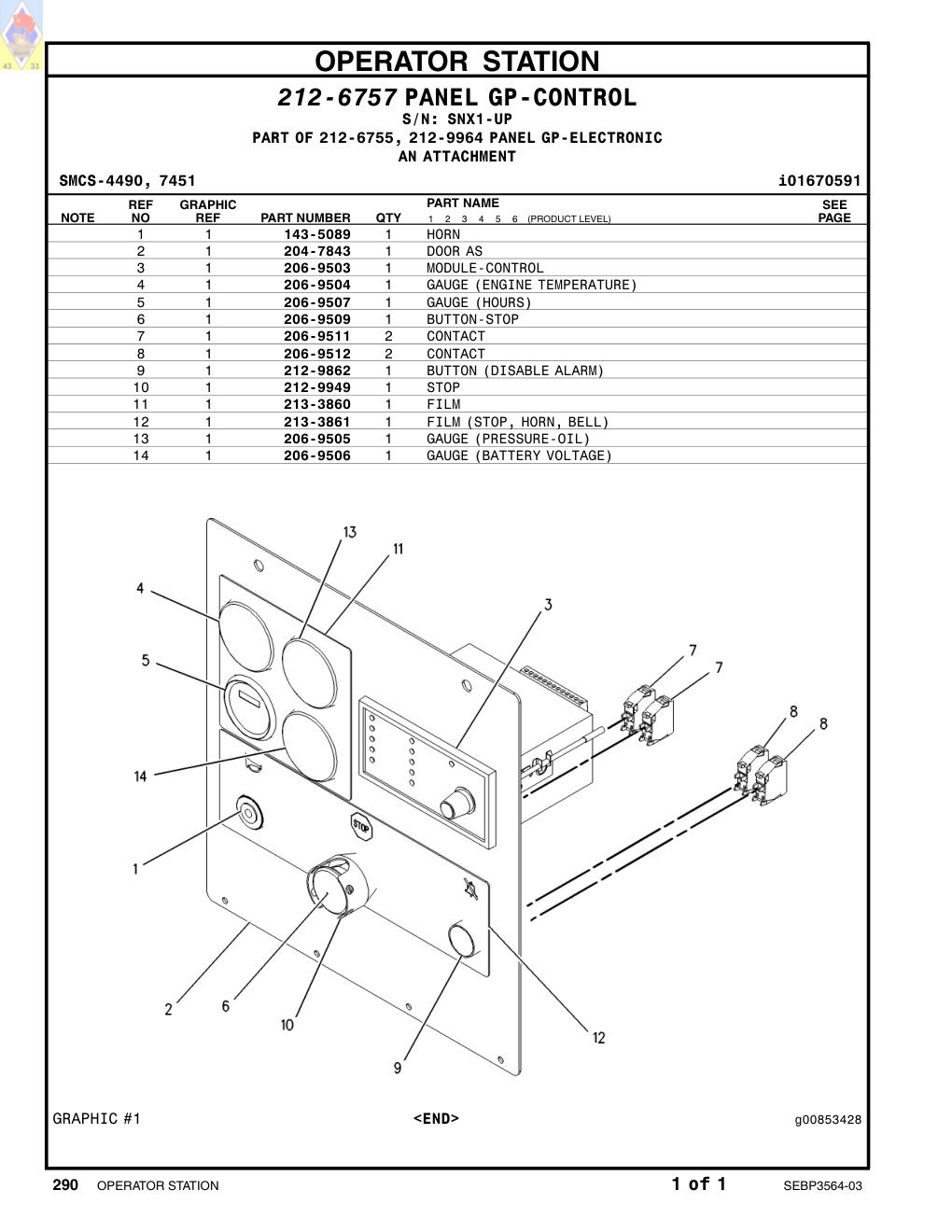 206-9511 CONTACT · S/N SNX1-UP CAT parts manual diagram