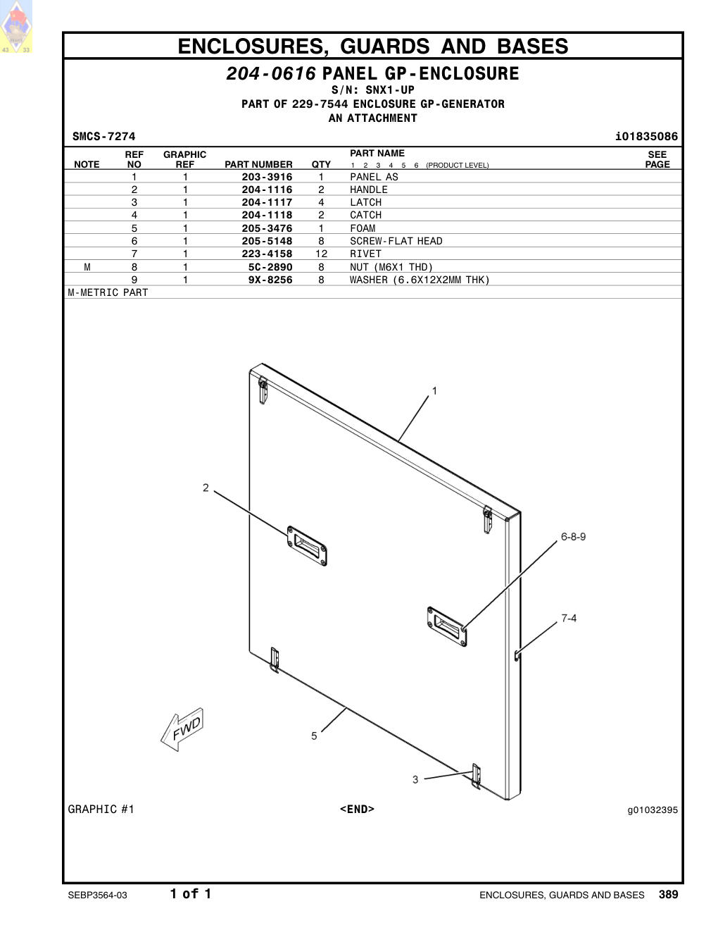 203-3916 PANEL AS · S/N SNX1-UP CAT parts manual diagram