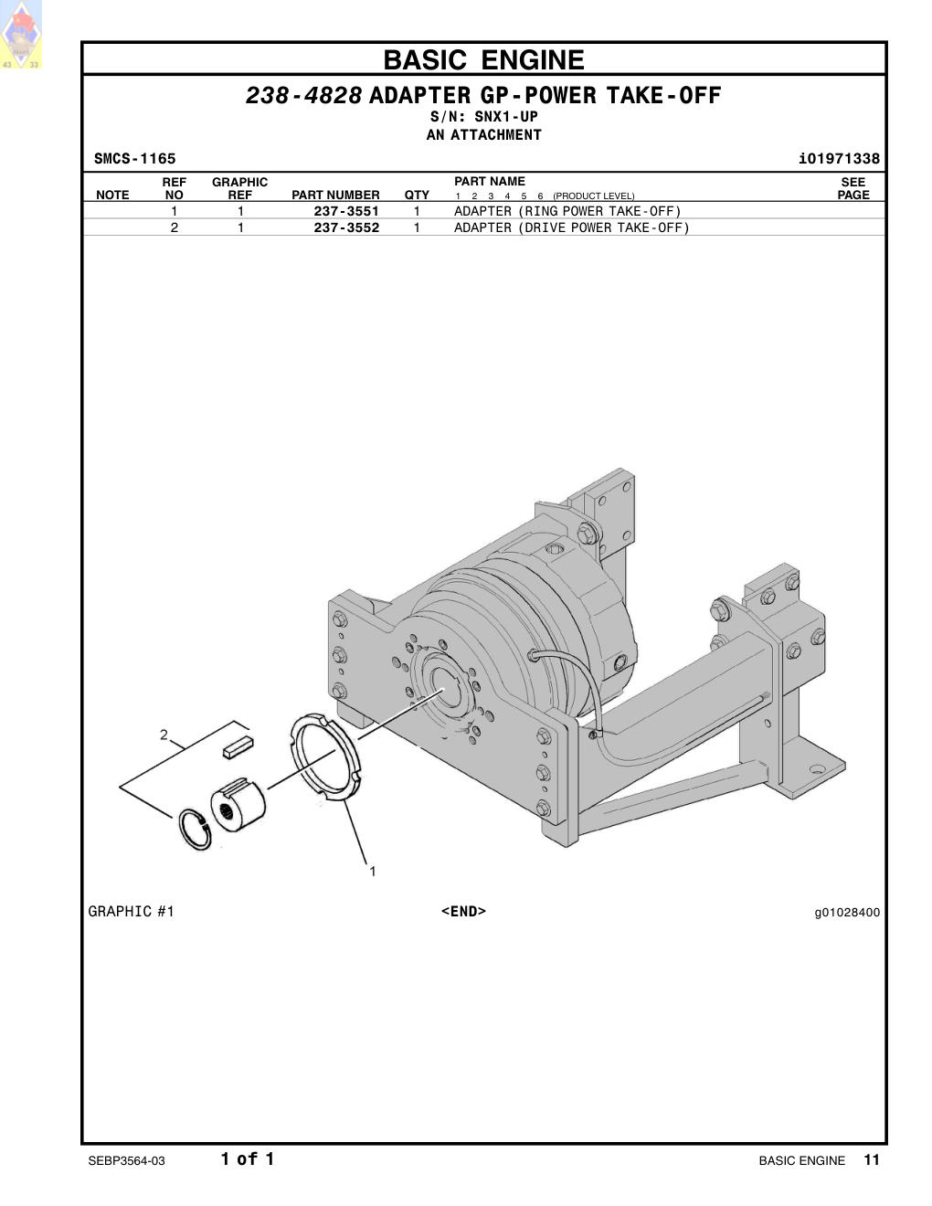 237-3552 ADAPTER (DRIVE POWER TAKE-OFF) · S/N SNX1-UP CAT parts manual diagram