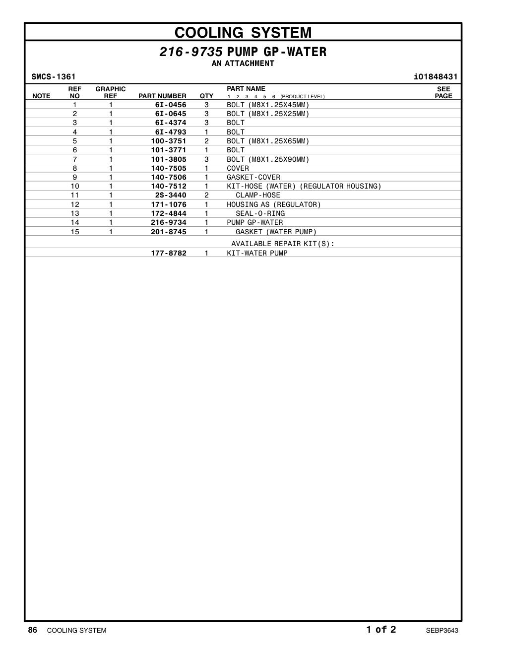 216-9734 PUMP GP-WATER CAT parts manual diagram