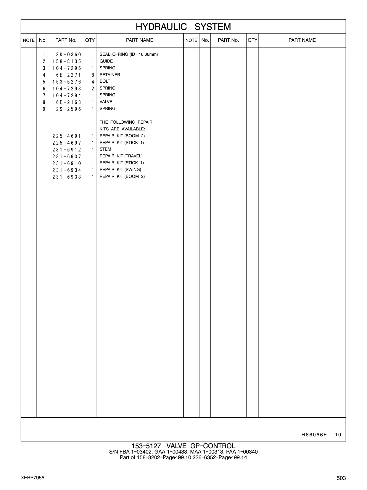 2S-2596 - SPRING THE FOLLOWING REPAIR KITS ARE AVAILABLE: