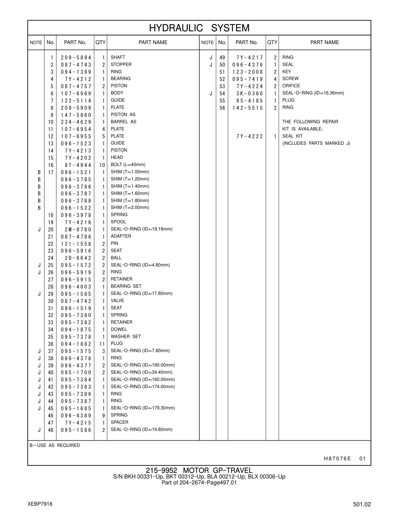 209-5894 SHAFT J 49 7Y-4217 2 RING CAT parts manual diagram