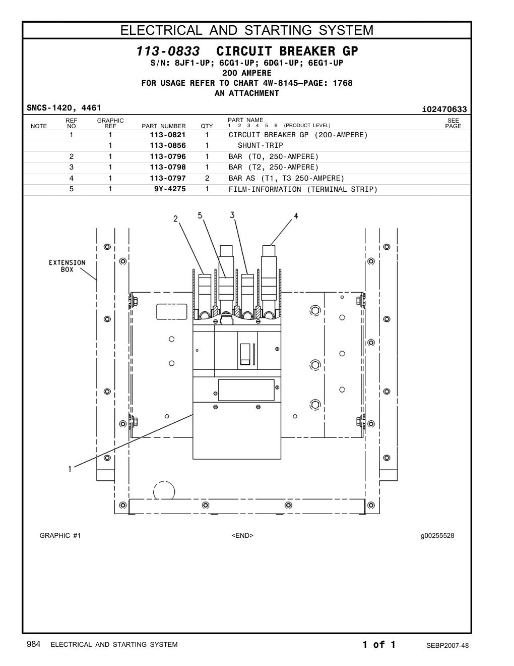 113-0821 CIRCUIT BREAKER GP (200-AMPERE) CAT parts manual diagram
