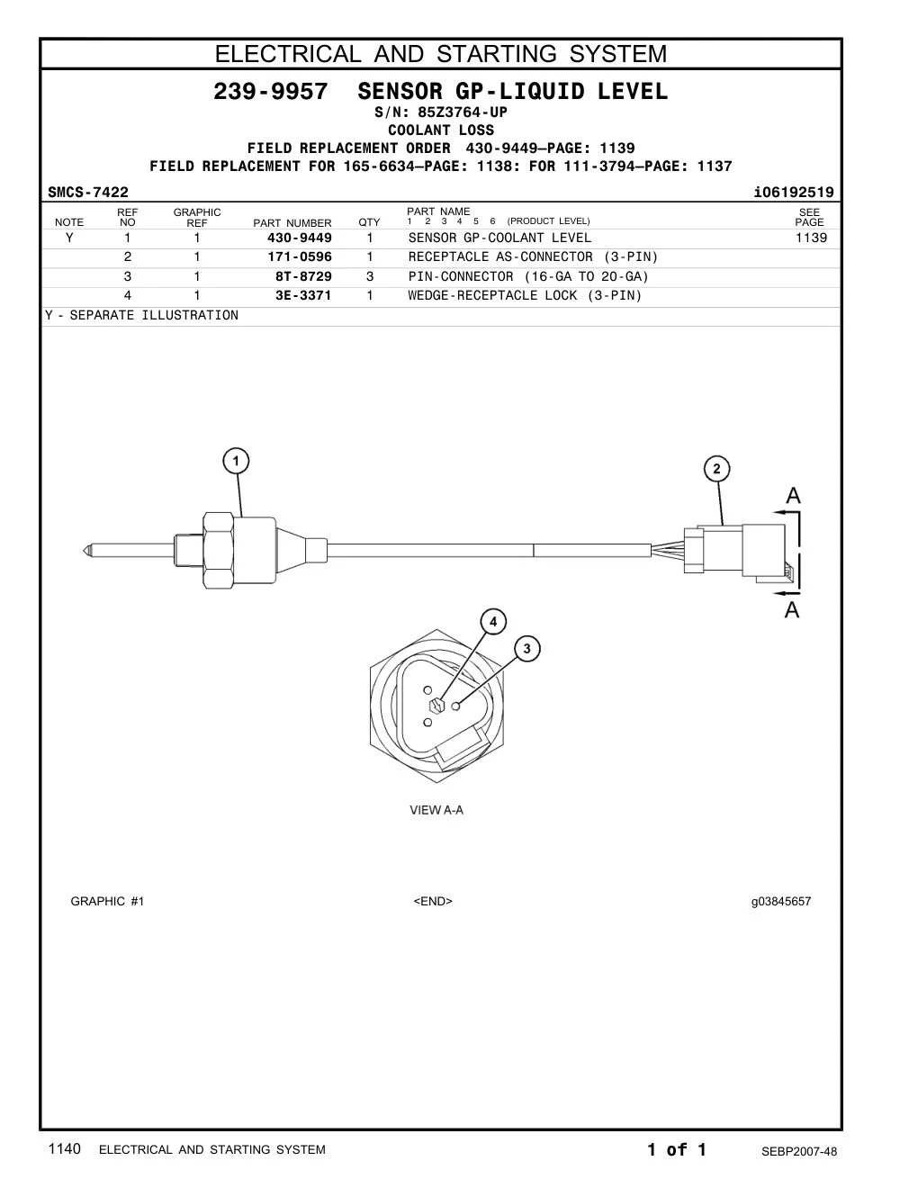 430-9449 SENSOR GP-COOLANT LEVEL · S/N 85Z3764-UP CAT parts manual diagram