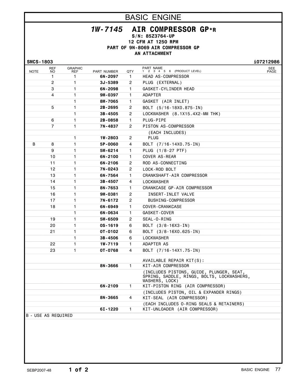 8N-7653 CRANKCASE GP-AIR COMPRESSOR · S/N 85Z3764-UP CAT parts manual diagram