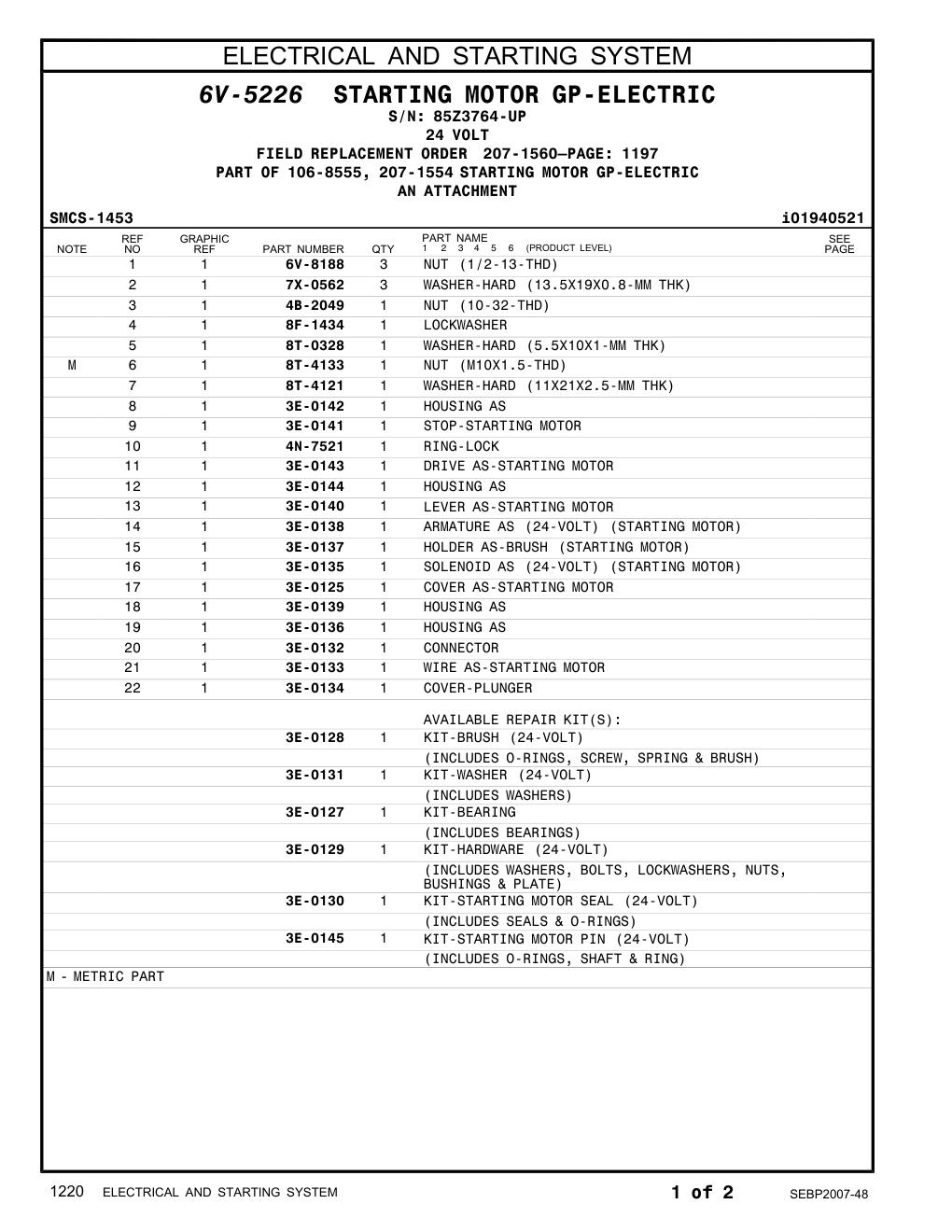 3E-0141 STOP-STARTING MOTOR · S/N 85Z3764-UP CAT parts manual diagram