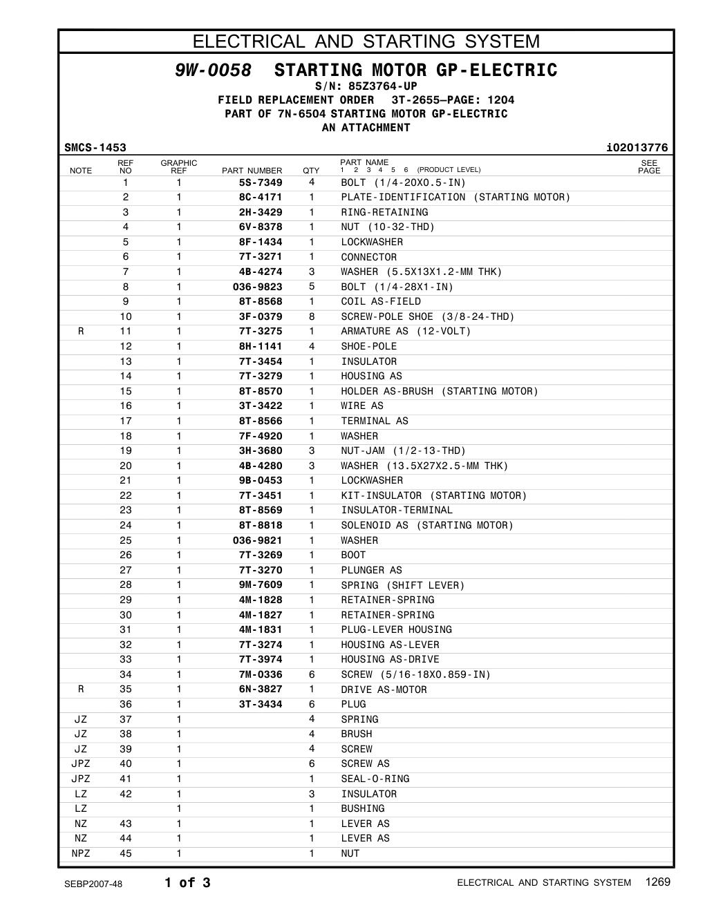 8C-4171 PLATE-IDENTIFICATION (STARTING MOTOR) · S/N 85Z3764-UP CAT parts manual diagram
