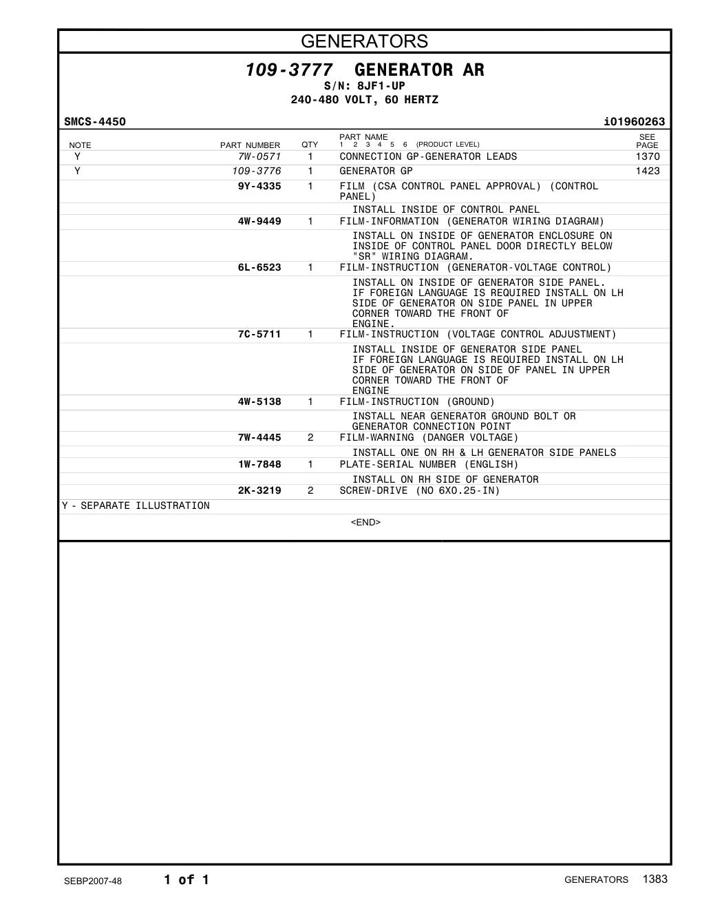 6L-6523 FILM-INSTRUCTION (GENERATOR-VOLTAGE CONTROL) INSTALL ON INSIDE OF GENERATOR SIDE PANEL. IF FOREIGN LANGUAGE IS REQUIRED INSTALL ON LH SIDE OF GENERATOR ON SIDE PANEL IN UPPER CORNER TOWARD THE FRONT OF ENGINE. CAT parts diagram