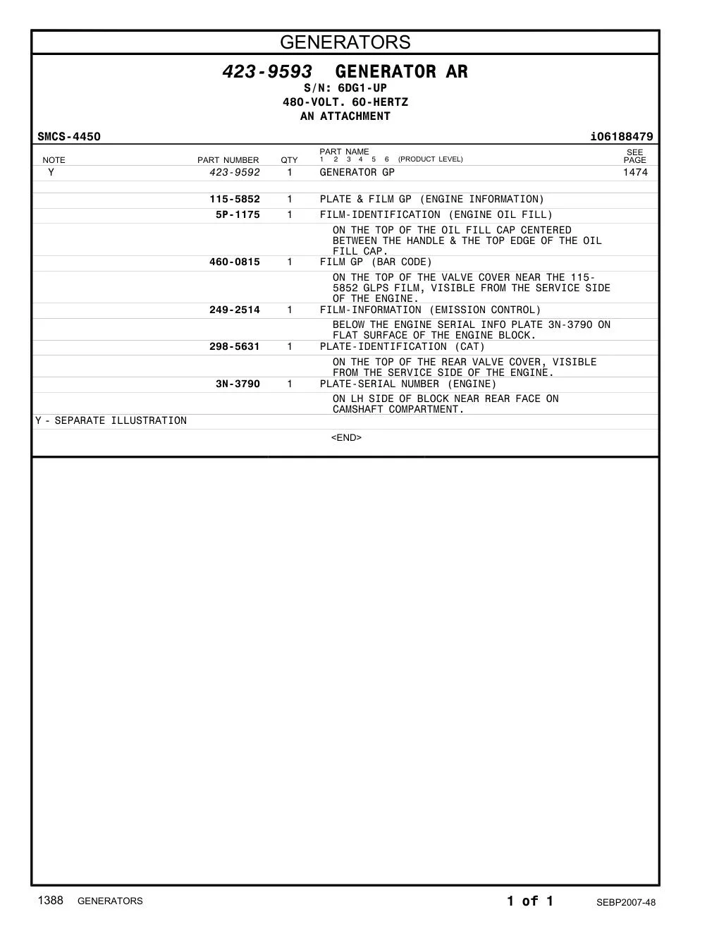 249-2514 - FILM-INFORMATION (EMISSION CONTROL) BELOW THE ENGINE SERIAL INFO PLATE 3N-3790 ON FLAT SURFACE OF THE ENGINE BLOCK.