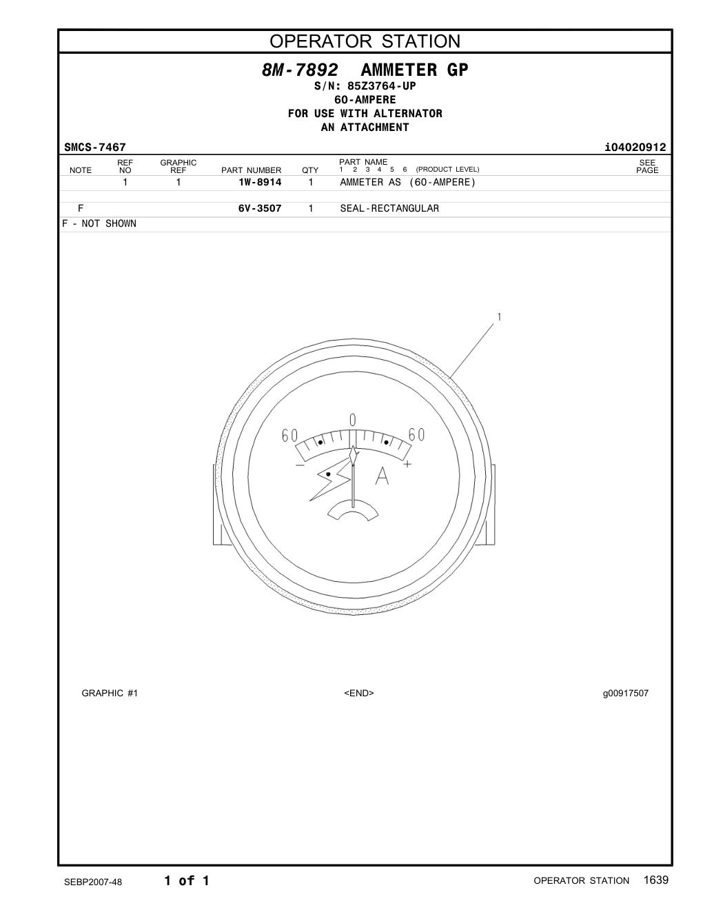 1W-8914 AMMETER AS (60-AMPERE) · S/N 85Z3764-UP CAT parts manual diagram