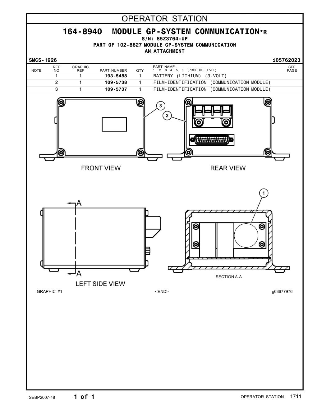 109-5737 FILM-DISPLAY(COMMUNICATIONMODULE) · S/N 85Z3764-UP CAT parts manual diagram