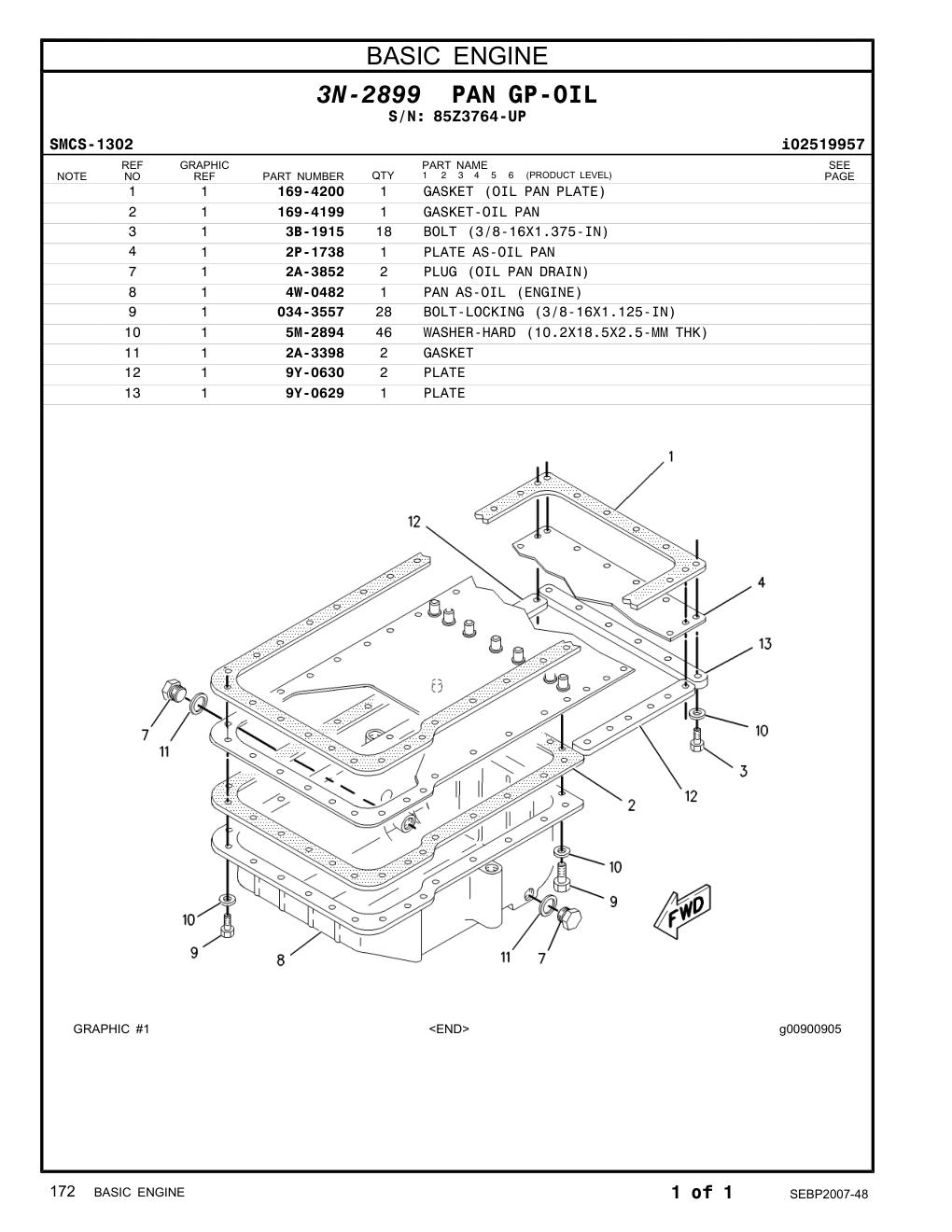 4W-0482 PAN AS-OIL (ENGINE) · S/N 85Z3764-UP CAT parts manual diagram