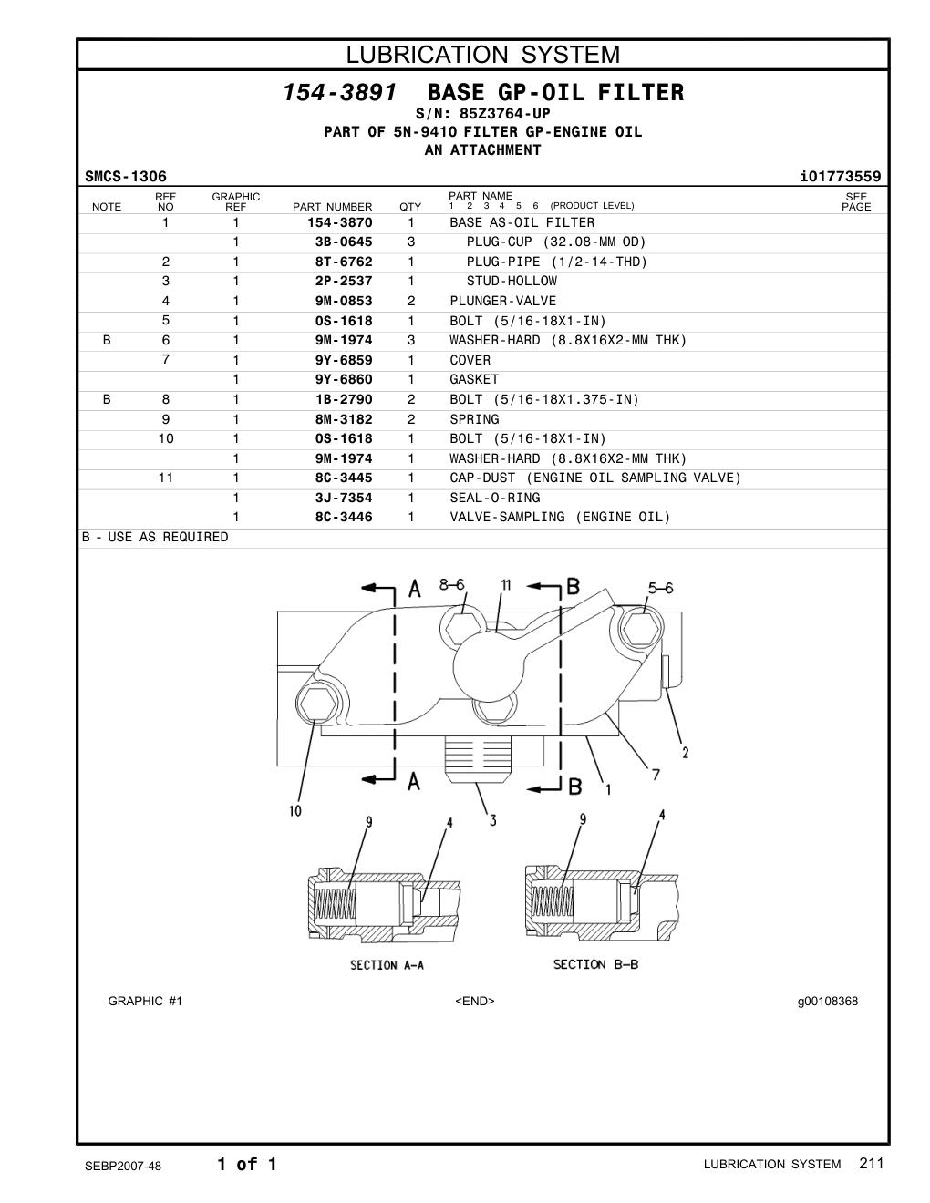 154-3870 BASE AS-OIL FILTER · S/N 85Z3764-UP CAT parts manual diagram