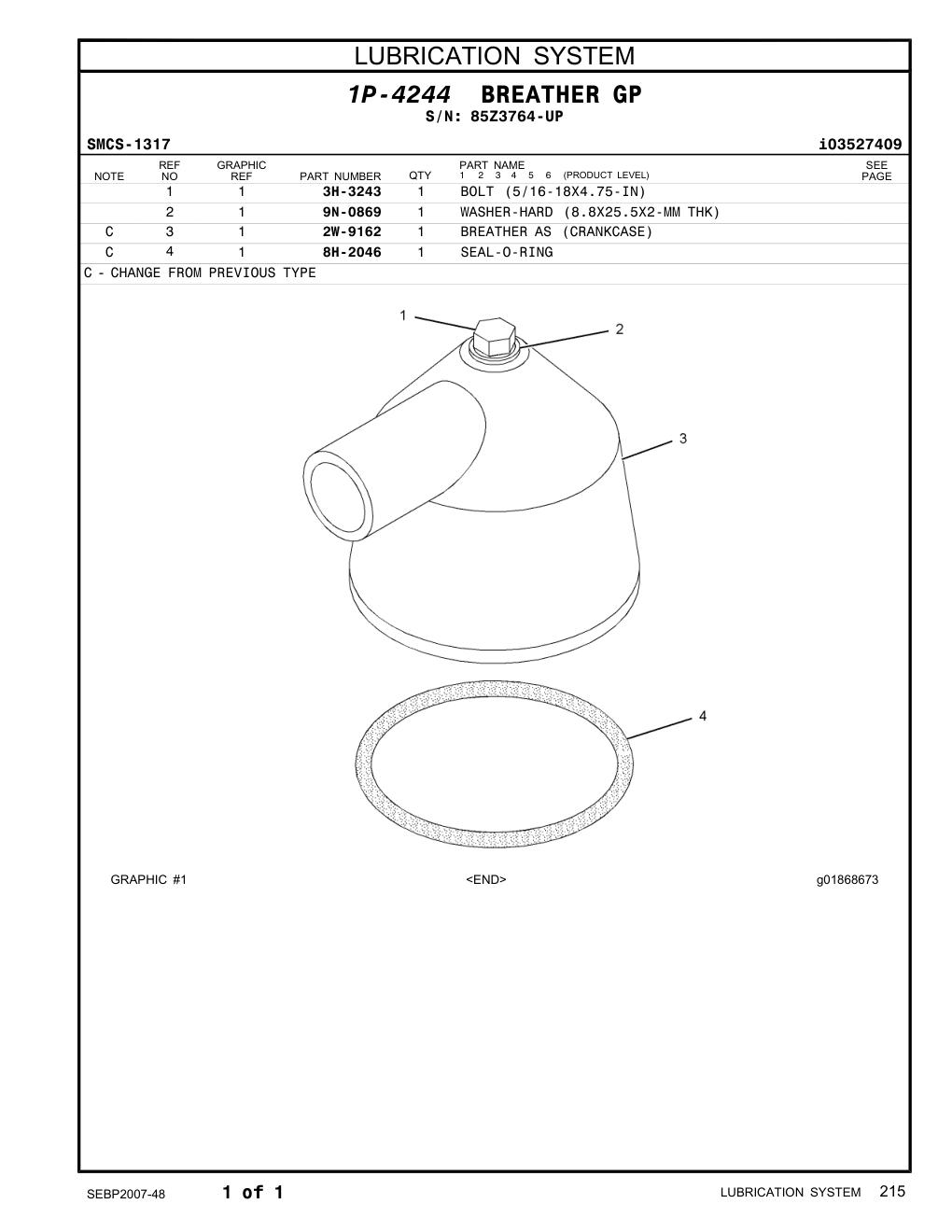 3H-3243 BOLT (5/16-18X4.75-IN) · S/N 85Z3764-UP CAT parts manual diagram