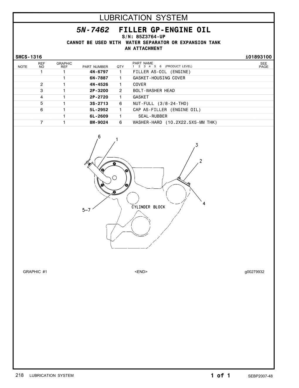 4N-6797 FILLER AS-OIL (ENGINE) · S/N 85Z3764-UP CAT parts manual diagram