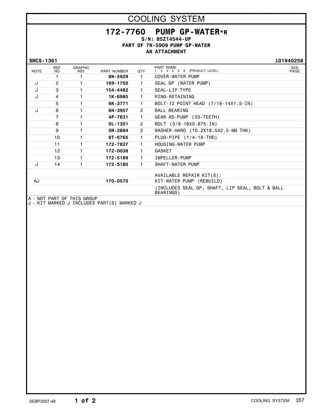 170-0570 - KIT-WATER PUMP (REBUILD) (INCLUDES SEAL GP, SHAFT, LIP SEAL, BOLT & BALL BEARINGS)