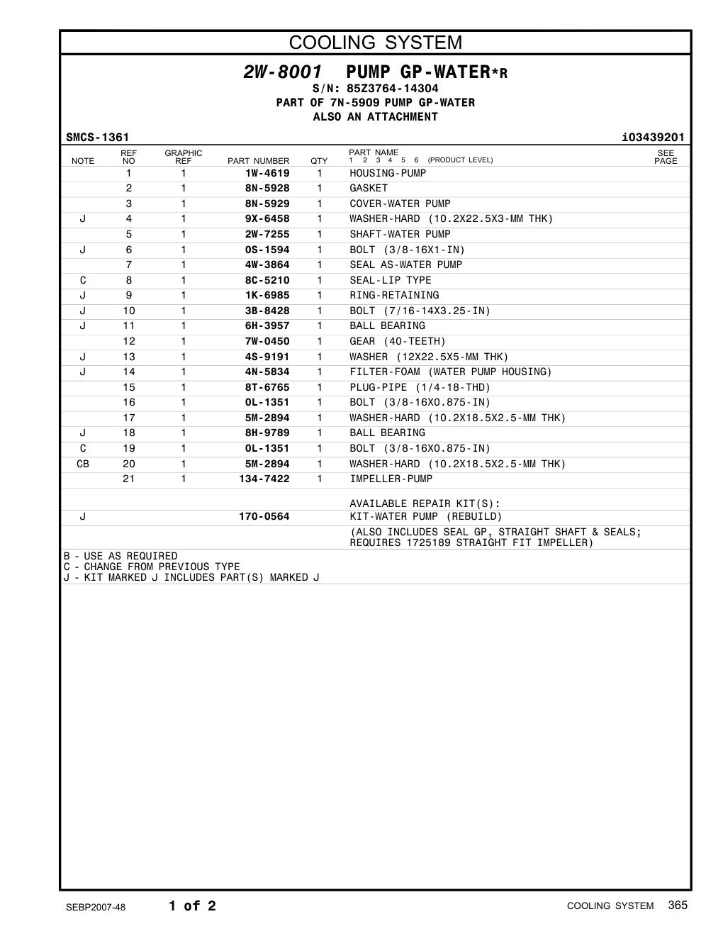 134-7422 IMPELLER-PUMP · S/N 85Z3764-14304 CAT parts manual diagram