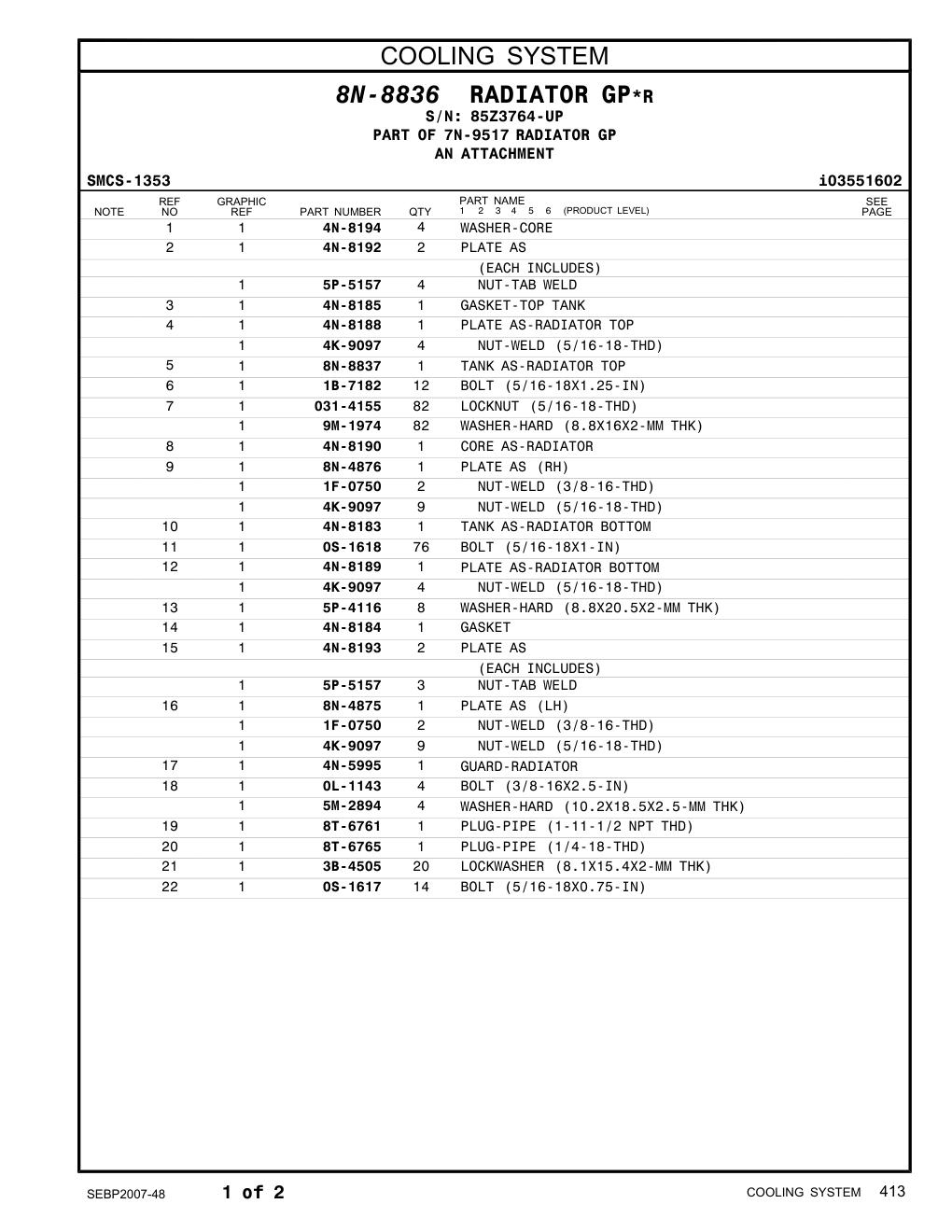 4N-8185 GASKET-TOP TANK · S/N 85Z3764-UP CAT parts manual diagram