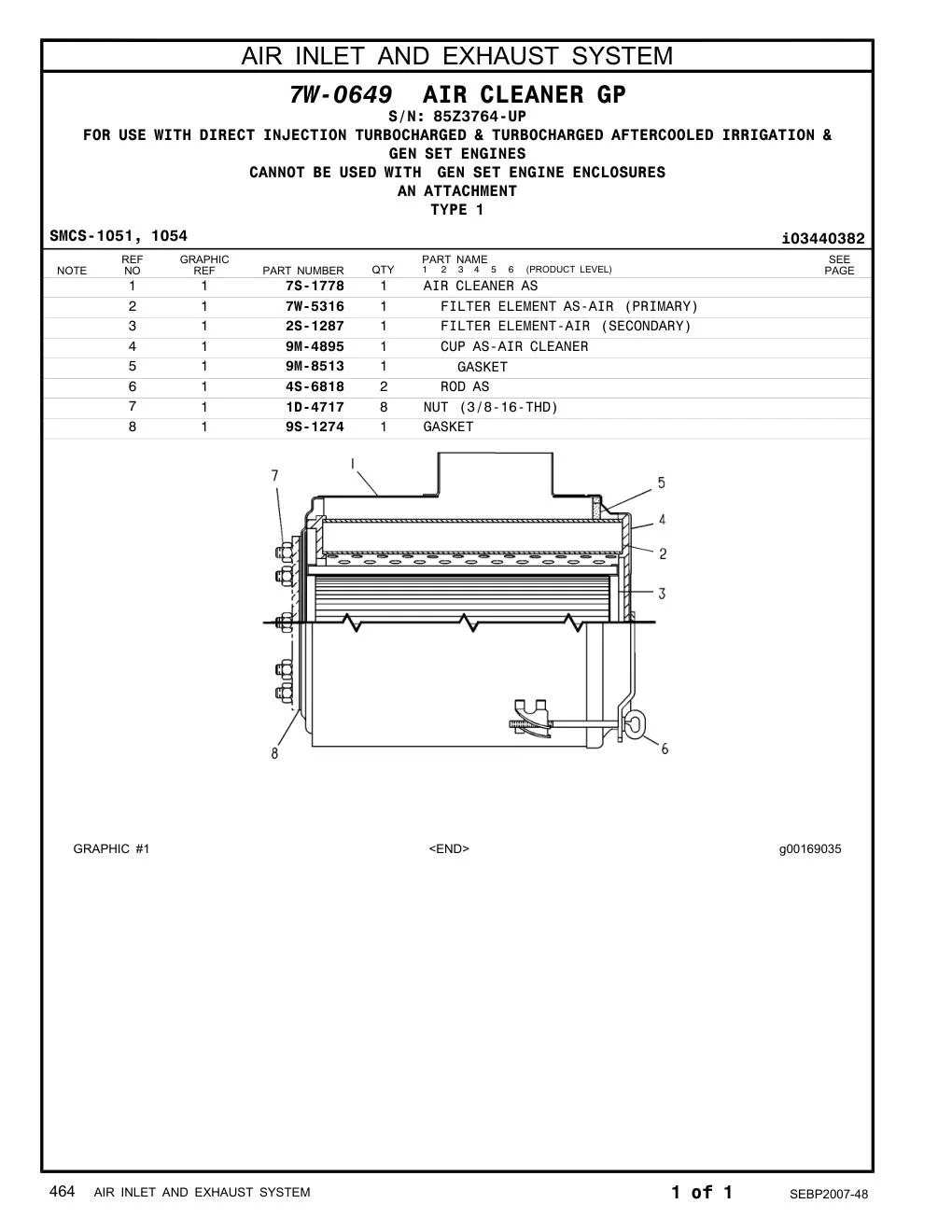 7W-5316 FILTER ELEMENT AS-AIR (PRIMARY) · S/N 85Z3764-UP CAT parts manual diagram