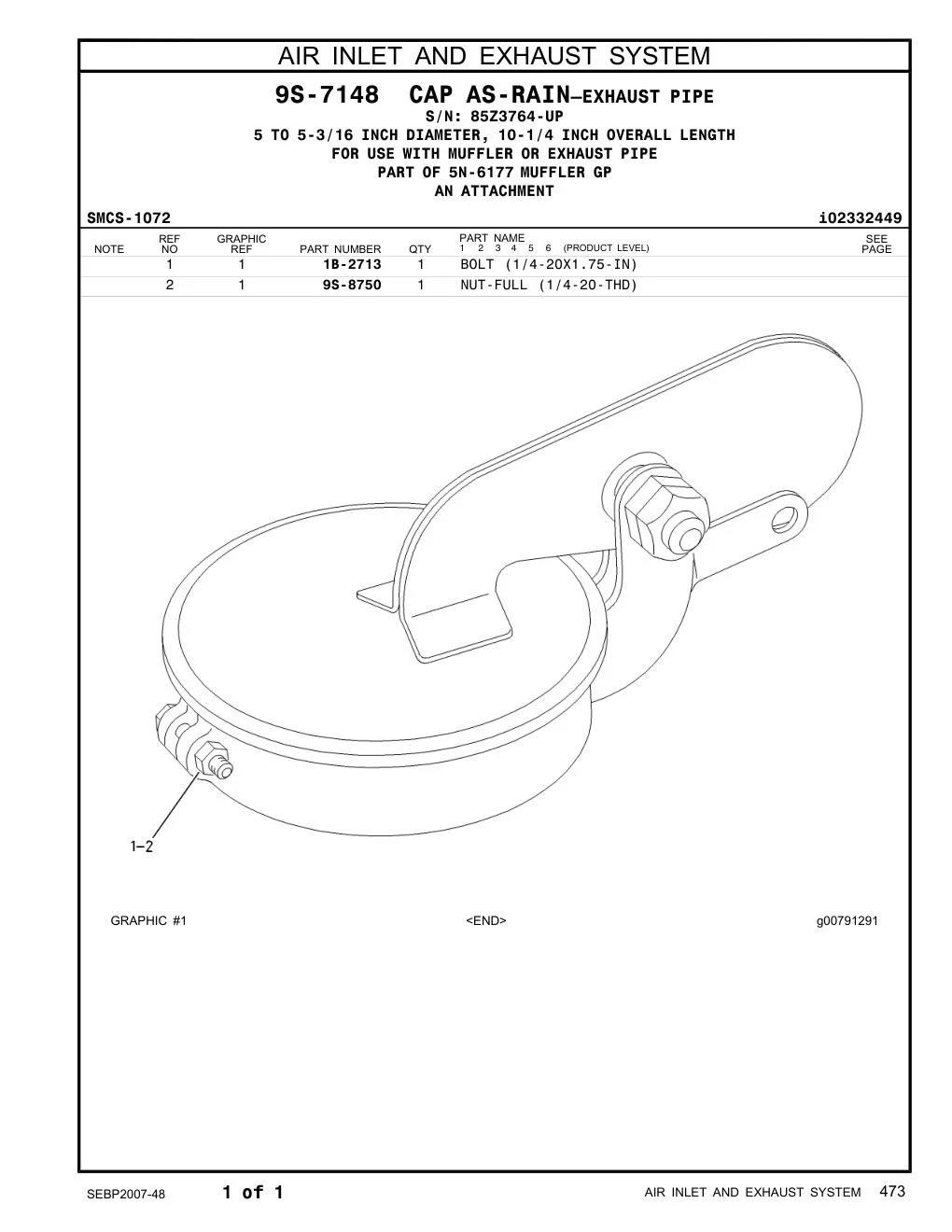 9S-8750 NUT-FULL (1/4-20-THD) · S/N 85Z3764-UP CAT parts manual diagram