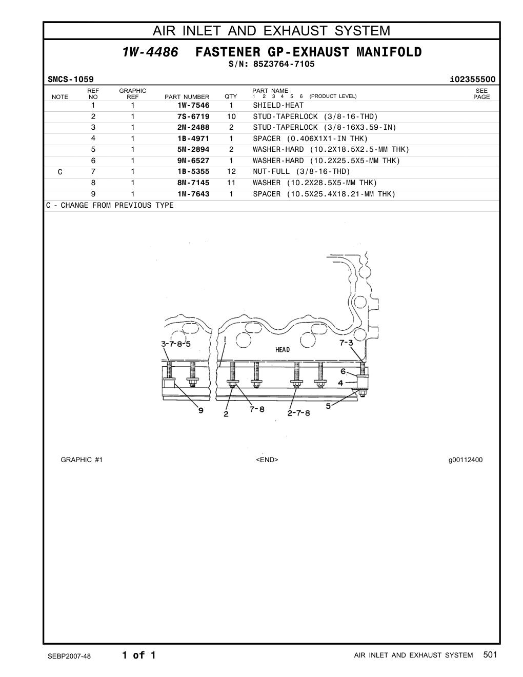 2M-2488 STUD-TAPERLOCK (3/8-16X3.59-IN) · S/N 85Z3764-7105 CAT parts manual diagram