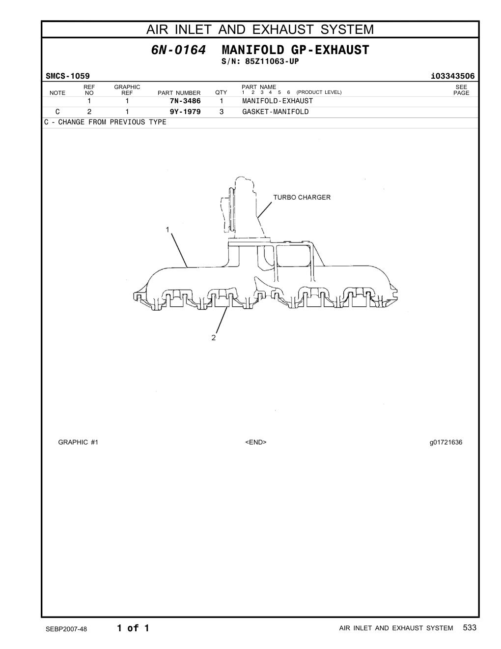 7N-3486 MANIFOLD-EXHAUST · S/N 85Z11063-UP CAT parts manual diagram
