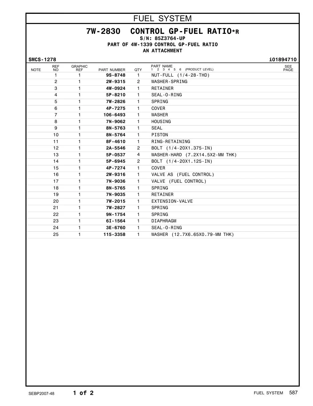 115-3358 WASHER (12.7X6.65X0.79-MM THK) · S/N 85Z3764-UP CAT parts manual diagram