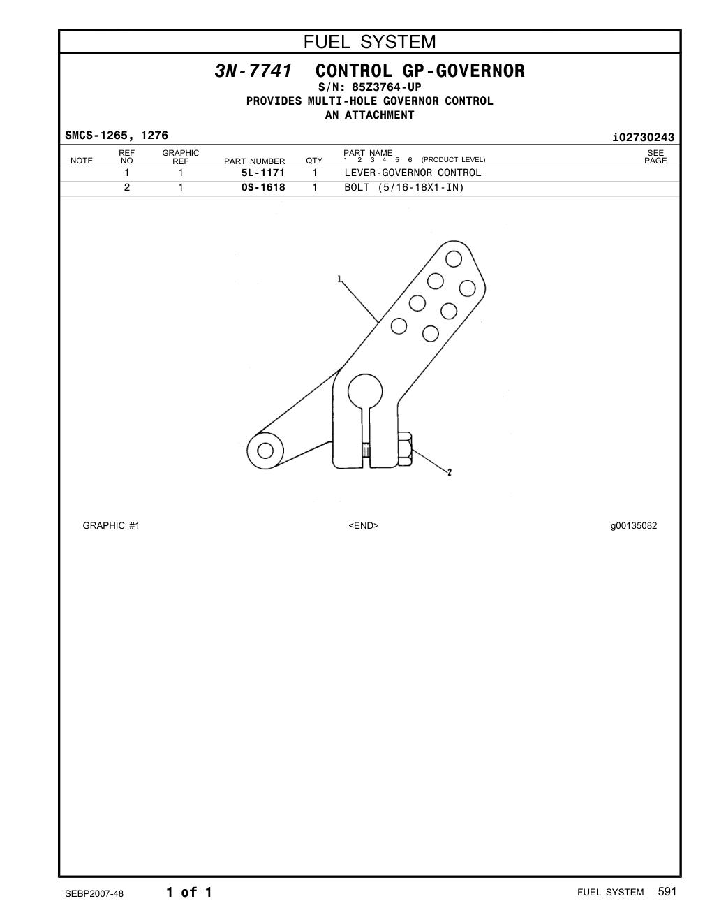 5L-1171 LEVER-GOVERNOR CONTROL · S/N 85Z3764-UP CAT parts manual diagram