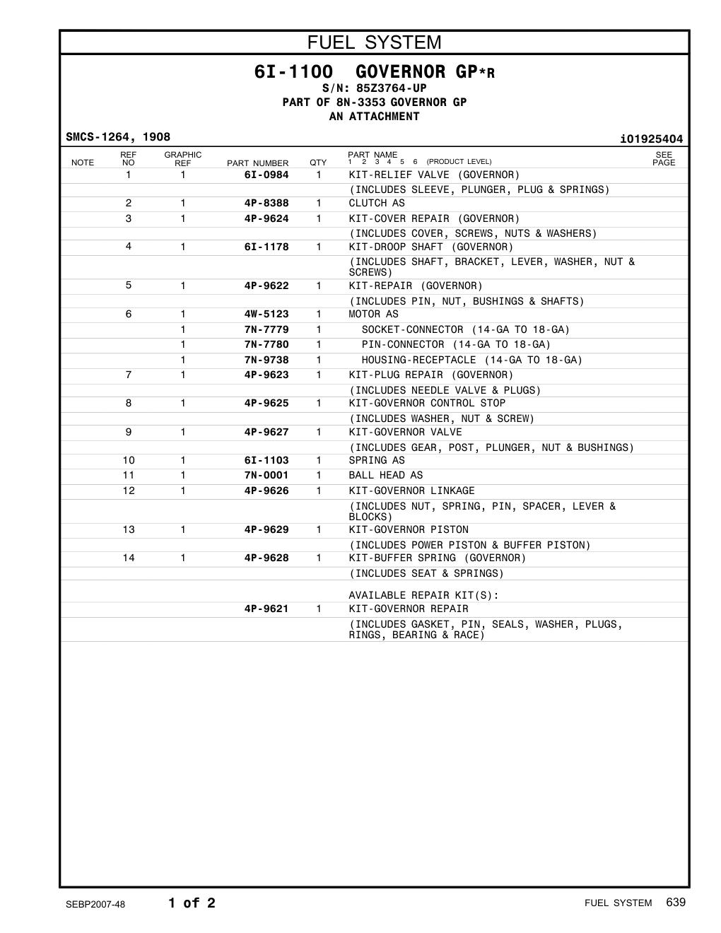 4P-9622 KIT-REPAIR (GOVERNOR) · S/N 85Z3764-UP CAT parts manual diagram