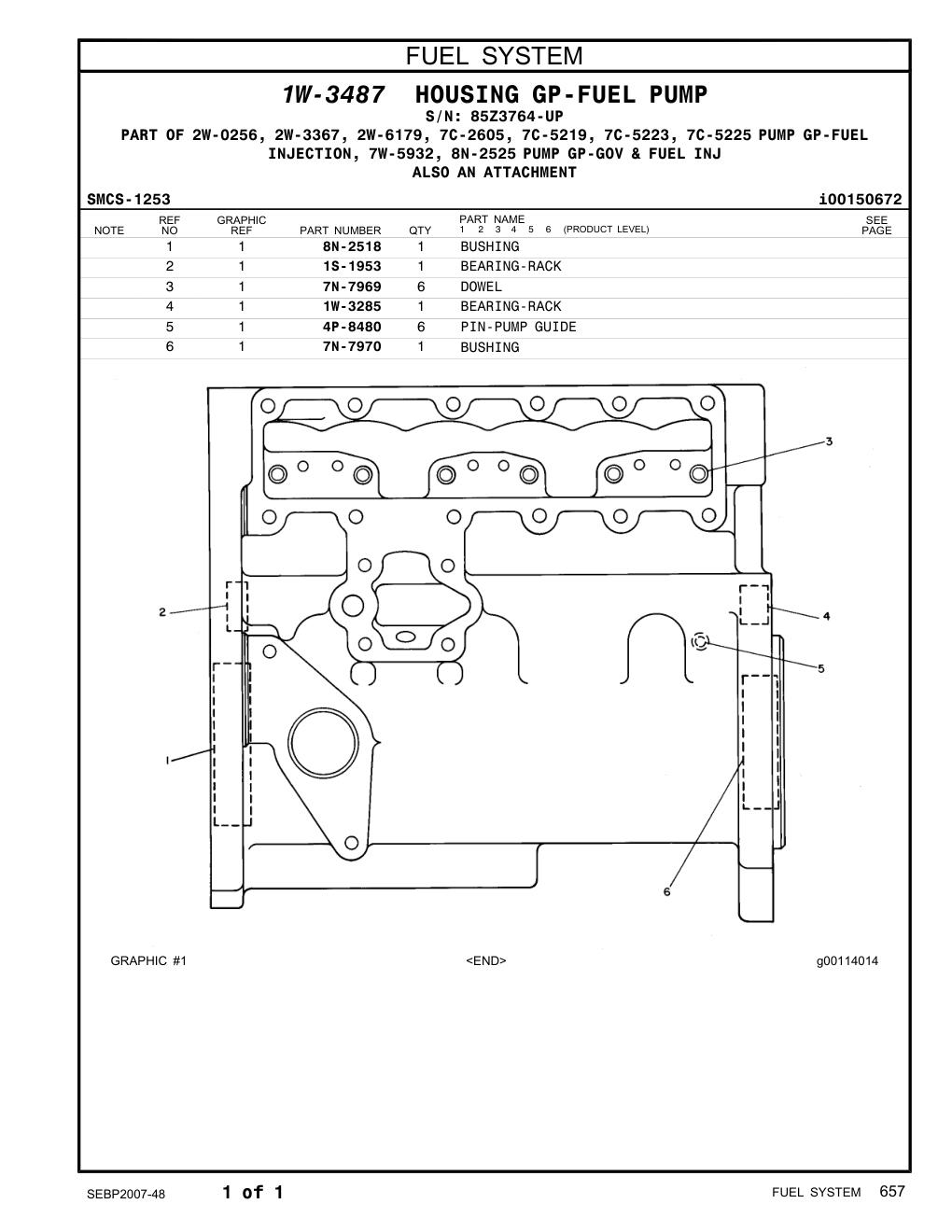 1W-3285 BEARING-RACK · S/N 85Z3764-UP CAT parts manual diagram