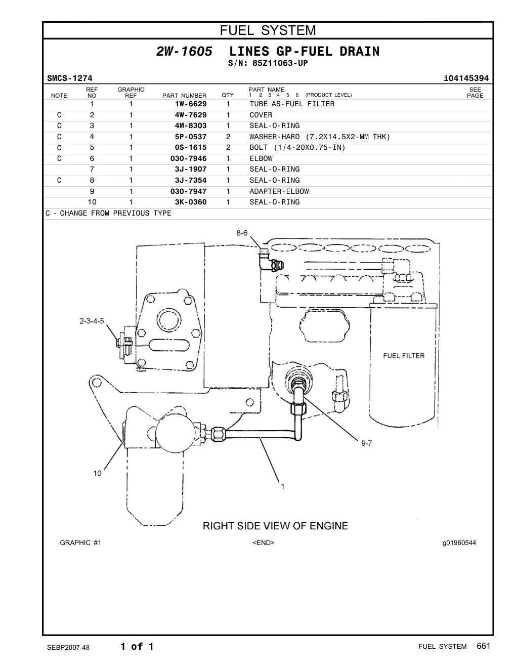 1W-6629 TUBE AS-FUEL FILTER · S/N 85Z11063-UP CAT parts manual diagram