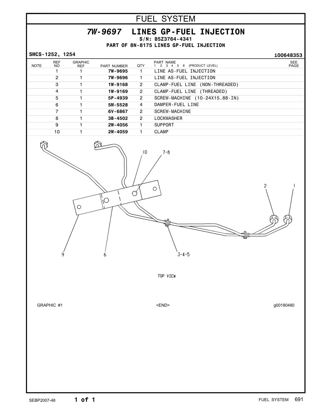 7W-9696 LINE AS-FUEL INJECTION · S/N 85Z3764-4341 CAT parts manual diagram