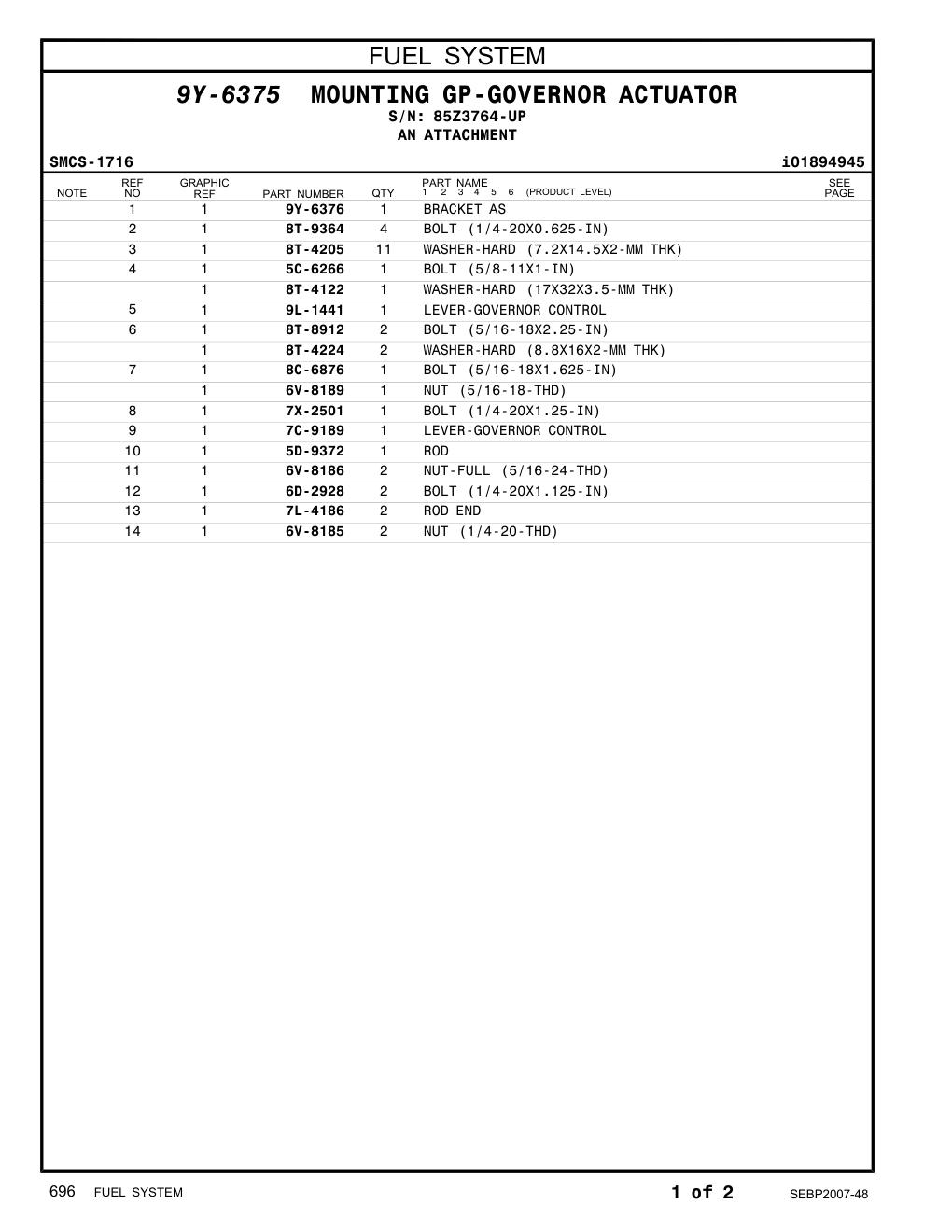 8C-6876 BOLT (5/16-18X1.625-IN) · S/N 85Z3764-UP CAT parts manual diagram