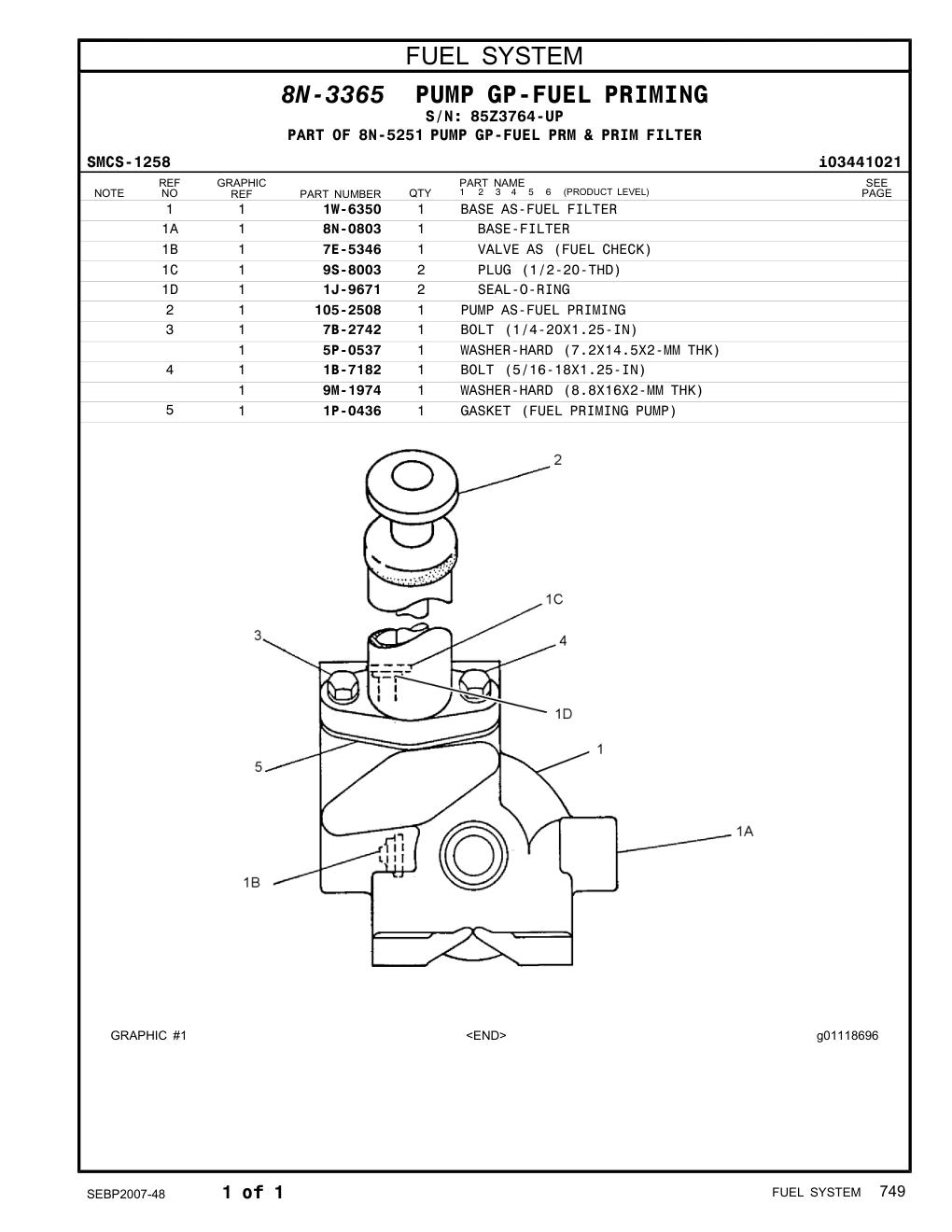 1W-6350 BASE AS-FUEL FILTER · S/N 85Z3764-UP CAT parts manual diagram